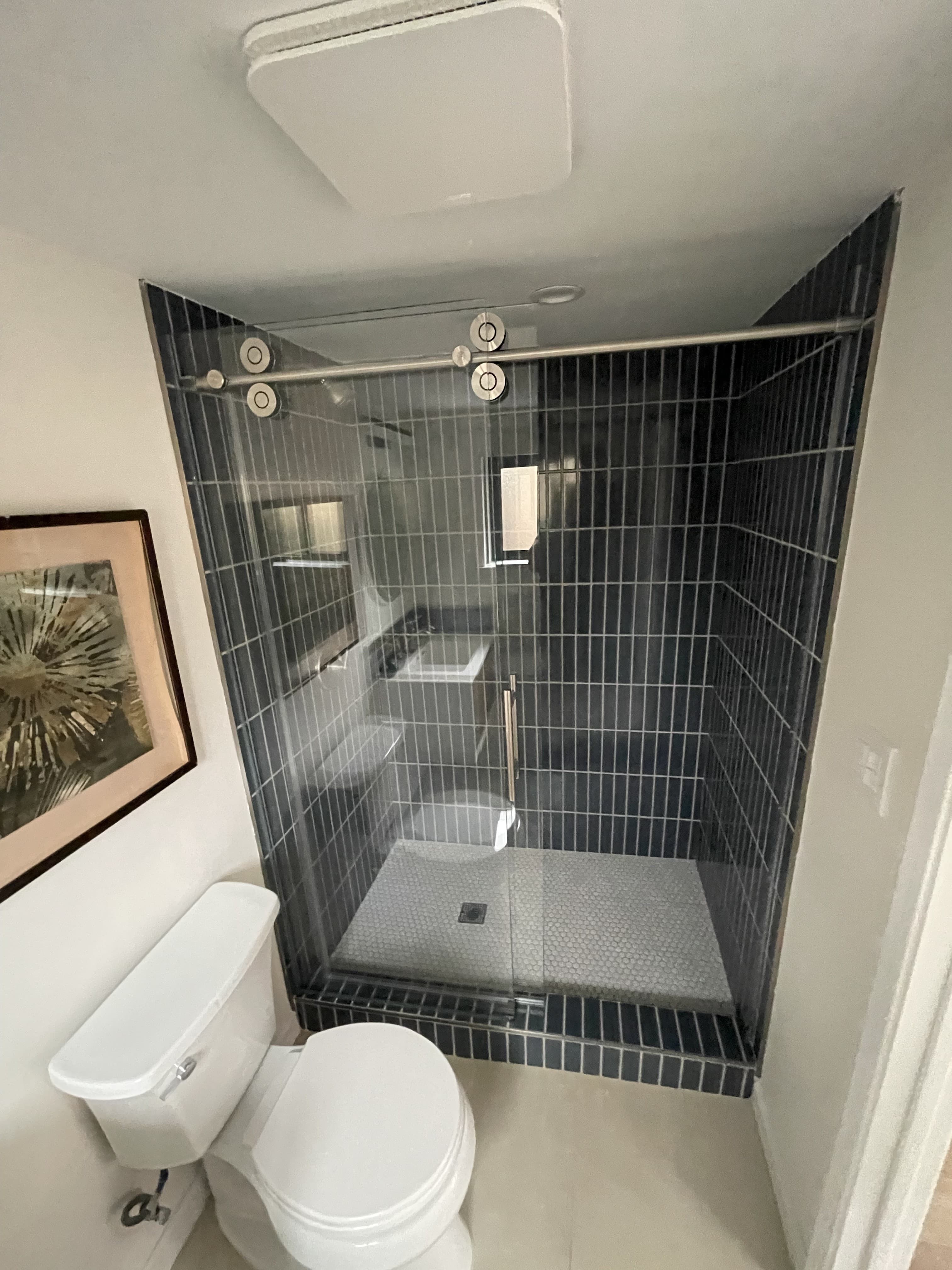 Walk-in shower with dark tile surround